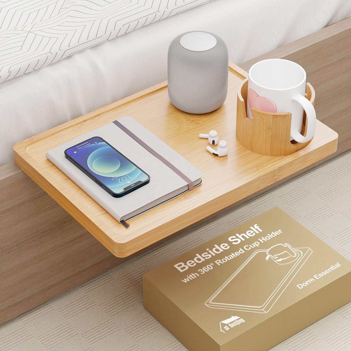 Bestjing Bedside Shelf with 360°Rotated Cup Holder for Bunk Bed & Top Bunk, College Dorm Room Essentials, Clip On Nightstand, Floating Bed Side Table Tray Caddy Organizer, Minimalist Dorm Room Decor