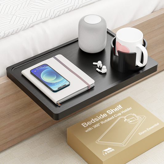 Bestjing Bedside Shelf with 360°Rotated Cup Holder for Bunk Bed & Top Bunk, College Dorm Room Essentials, Clip On Nightstand, Floating Bed Side Table Tray Caddy Organizer, Minimalist Dorm Room Decor